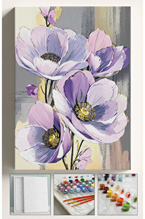 Sayılarla Boyama Hobi Seti Çerçeveli Numaralı Tuval Fırça Boya Dahil Kasnaklı MOR GELİNCİK 40x50 Cm