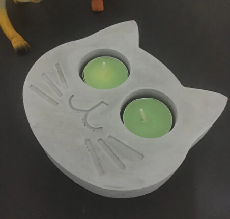 Kedi Kafası Çift Tealight Mumluk Hayvan Temalı Silikon Kalıp K-1139, Taş tozu çimento Alçı Kalıbı