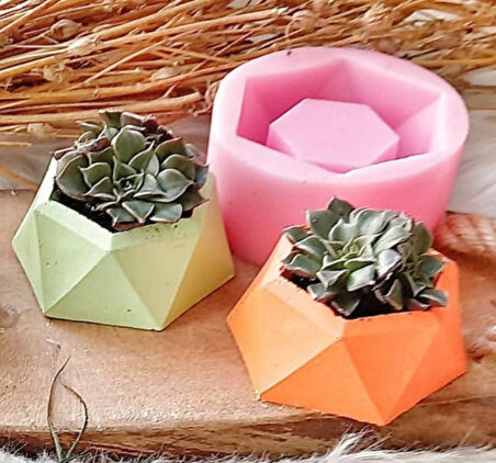 Geometrik Altıgen Mini Saksı Silikon Kalıp K-524 Taş Tozu Mum Polyester Reçine Alçı Kalıbı