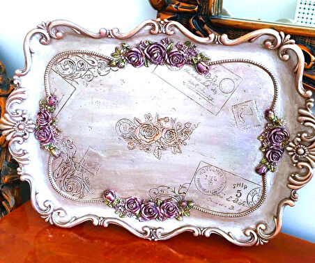 Gül Çiçek Yaprak Dekorlu 42 Cm Tepsi Silikon Kalıp K-709