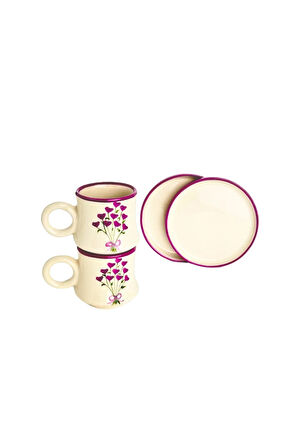 6’lı Takım Mor Kalp Buketi,  El Yapımı kazan Seramik Kahve Fincanı, Kahve Fincanı, Hand made