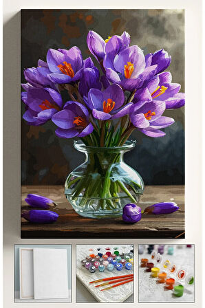 Sayılarla Boyama Çerçeveli Hobi Seti Numaralı Tuval Fırça Boya Kasnaklı MOR VAZO ÇİÇEKLER 40X50 Cm