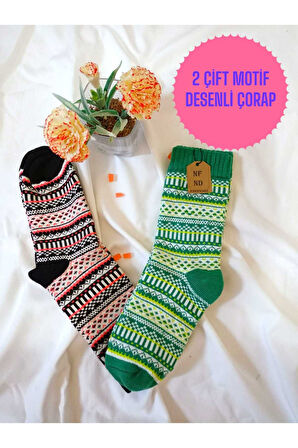 2 ÇİFT KALIN KIŞLIK YUMUŞAK ÇORAP YILBAŞI MOTİF ETNİK DESENLİ KADIN ÇORABI YEŞİL SİYAHKIRMIZI  36-40