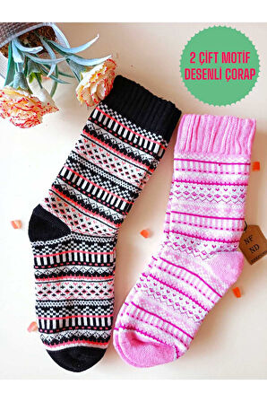 2 ÇİFT KALIN KIŞLIK YUMUŞAK ÇORAP YILBAŞI MOTİF ETNİK DESENLİ KADIN ÇORABI PEMBE KIRMIZISİYAH 36-40