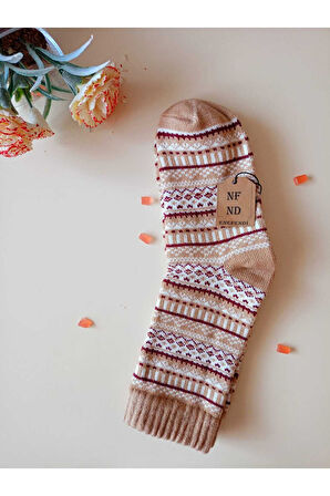 2 ÇİFT KALIN KIŞLIK YUMUŞAK ÇORAP YILBAŞI MOTİF ETNİK DESENLİ KADIN ÇORABI SÜTLÜKAHVE PEMBE 36-40