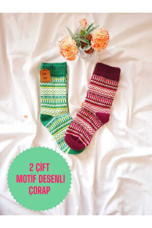 2 ÇİFT KALIN KIŞLIK YUMUŞAK ÇORAP SICAK YILBAŞI MOTİF ETNİK DESENLİ KADIN ÇORABI YEŞİL MOR 36-40