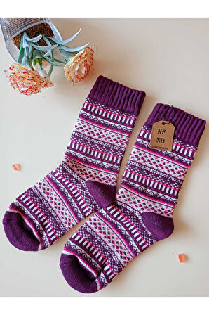 2 ÇİFT KALIN KIŞLIK YUMUŞAK ÇORAP SICAK YILBAŞI MOTİF ETNİK DESENLİ KADIN ÇORABI YEŞİL MOR 36-40