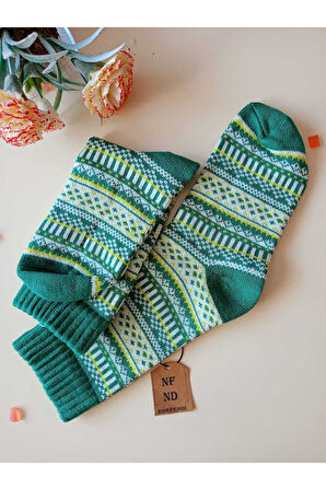 2 ÇİFT KALIN KIŞLIK YUMUŞAK ÇORAP YILBAŞI MOTİF ETNİK DESENLİ KADIN ÇORABI YEŞİL PEMBE 36-40