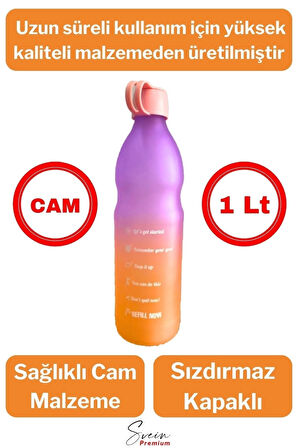 Premium Sızdırmaz Motivasyonel Sporcu Cam Renkli Su Matarası 1 Litre Suluk Tritan Bpa İçermez 1 Adet