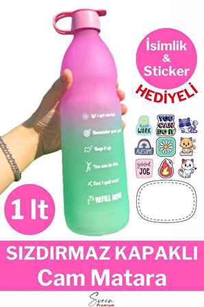 Premium Sızdırmaz Motivasyonel Sporcu Cam Renkli Su Matarası 1 Litre Suluk Tritan Bpa İçermez 1 Adet