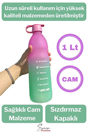 Premium Sızdırmaz Motivasyonel Sporcu Cam Renkli Su Matarası 1 Litre Suluk Tritan Bpa İçermez 1 Adet