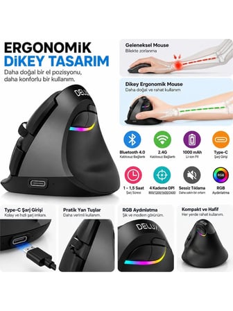 Luve Store Ergonomik Dikey Kablosuz Mouse Bluetooth 4.0 2.4 GHz Şarjlı RGB Sessiz 2400 DPI