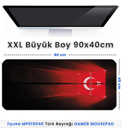 90x40 Türk Bayrağı XXL Büyük Boy ilyuka MP019040 Büyük Boy Gaming Mousepad Dikişli Kenar Kaymaz Taban 90x40cm