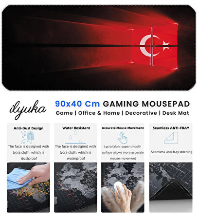 90x40 Türk Bayrağı XXL Büyük Boy ilyuka MP019040 Büyük Boy Gaming Mousepad Dikişli Kenar Kaymaz Taban 90x40cm