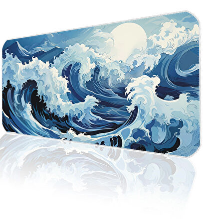 90x40 Ocean Storm XXL Büyük Boy ilyuka MP149040 Gaming Mousepad Dikişli Kenar Kaymaz Taban 90x40cm