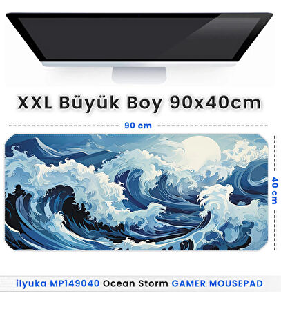 90x40 Ocean Storm XXL Büyük Boy ilyuka MP149040 Gaming Mousepad Dikişli Kenar Kaymaz Taban 90x40cm