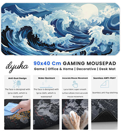 90x40 Ocean Storm XXL Büyük Boy ilyuka MP149040 Gaming Mousepad Dikişli Kenar Kaymaz Taban 90x40cm