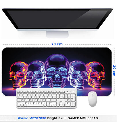 70x30 Bright Skull ilyuka MP207030 Büyük Boy XL Gaming Mousepad Dikişli Kenar Kaymaz Taban 70x30cm