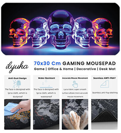 70x30 Bright Skull ilyuka MP207030 Büyük Boy XL Gaming Mousepad Dikişli Kenar Kaymaz Taban 70x30cm