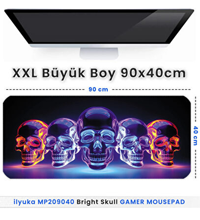 90x40 Bright Skull XXL Büyük Boy ilyuka MP209040 Gaming Mousepad Dikişli Kenar Kaymaz Taban 90x40cm