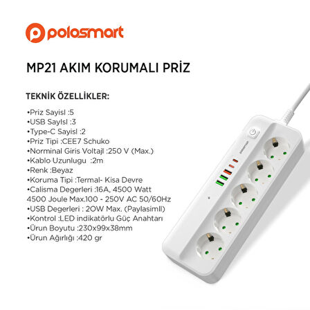 Polosmart MP21 Akım Korumalı 5'li Priz 3 USB 2 Typc-C