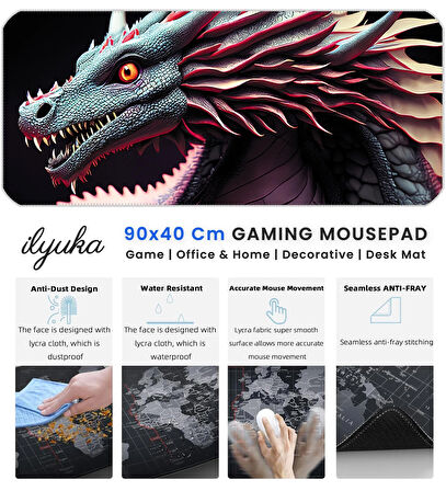 90x40 Ejderha XXL Büyük Boy ilyuka MP329040 Gaming Mousepad Dikişli Kenar Kaymaz Taban 90x40cm