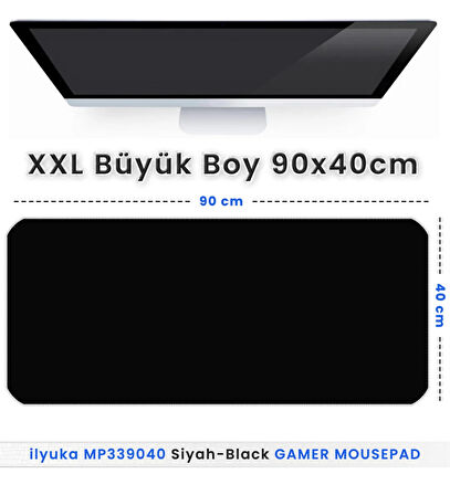 90x40 Logosuz Siyah-Black XXL Büyük Boy ilyuka MP339040 Gaming Mousepad Dikişli Kenar Kaymaz Taban 90x40cm