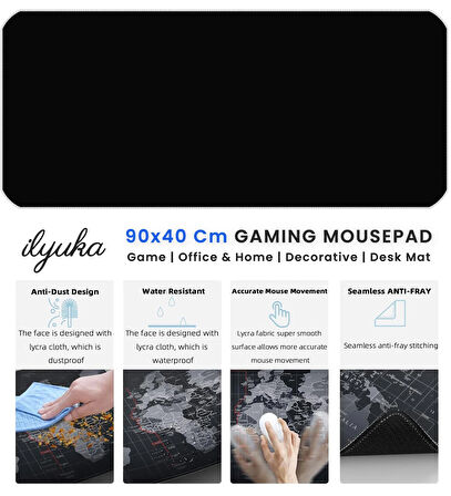 90x40 Logosuz Siyah-Black XXL Büyük Boy ilyuka MP339040 Gaming Mousepad Dikişli Kenar Kaymaz Taban 90x40cm