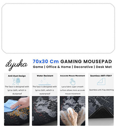 70x30 Logosuz Beyaz-White ilyuka MP347030 Büyük Boy XL Gaming Mousepad Dikişli Kenar Kaymaz Taban 70x30cm