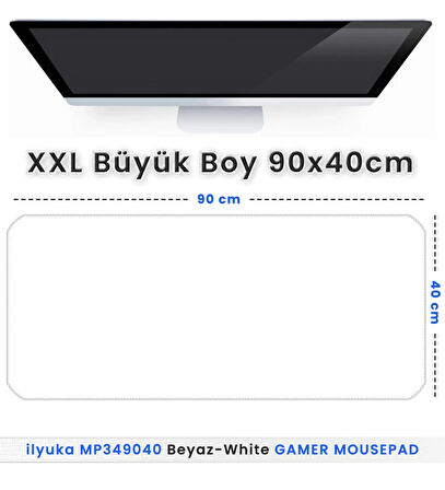 90x40 Logosuz Beyaz-White XXL Büyük Boy ilyuka MP349040 Gaming Mousepad Dikişli Kenar Kaymaz Taban 90x40cm