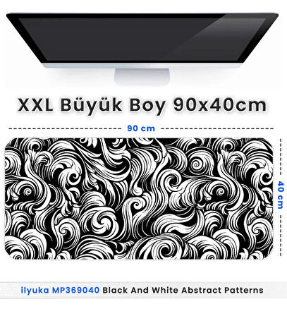 ilyuka 90x40cm Professional Gaming Mousepad XXL Büyük Boy Dikişli Kenar Kaymaz Taban MP369040 Black And White Abstract Patterns