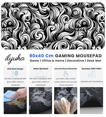 ilyuka 90x40cm Professional Gaming Mousepad XXL Büyük Boy Dikişli Kenar Kaymaz Taban MP369040 Black And White Abstract Patterns