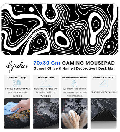 ilyuka Mouse Pad 70x30 cm Büyük Boy XL Gaming Mousepad MP387030 Kaymaz Kauçuk Taban Dikişli Kenar Black And White Topography Map