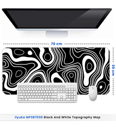 ilyuka Mouse Pad 70x30 cm Büyük Boy XL Gaming Mousepad MP387030 Kaymaz Kauçuk Taban Dikişli Kenar Black And White Topography Map