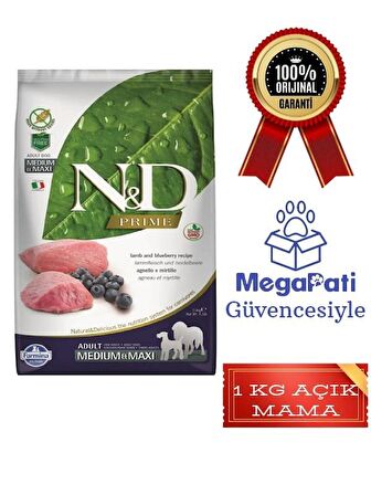 N&D 1 Kg Açık Kuzu Etli ve Yaban Mersinli Orta ve Büyük Tahılsız Yetişkin Köpek Maması