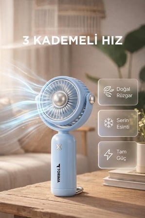 Özel Üretim Kamp Mobil Serinlik Şarjlı El Vantilatörü F60 Mavi