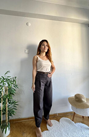 Koyu Kahve Pilili Paça Düğmeli Keten Pantolon