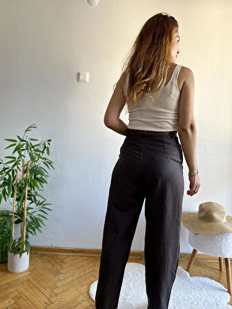 Koyu Kahve Pilili Paça Düğmeli Keten Pantolon