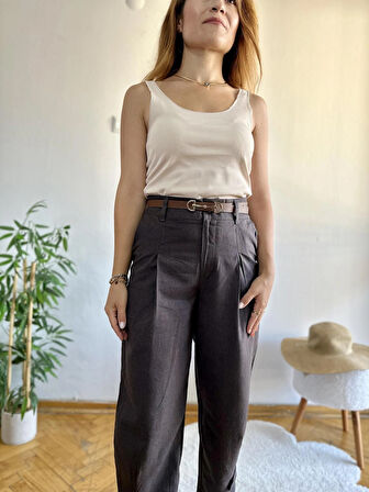 Koyu Kahve Pilili Paça Düğmeli Keten Pantolon