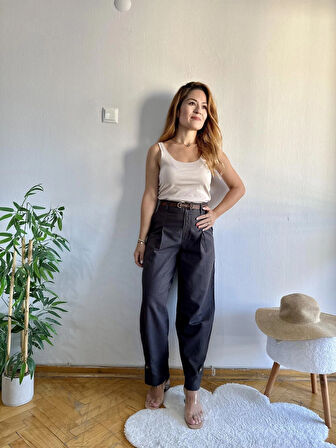 Koyu Kahve Pilili Paça Düğmeli Keten Pantolon