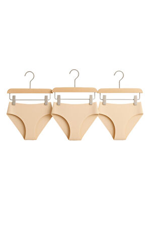 Kadın Bikini Külot 3'lü Set Ten Rengi Dikişsiz Lazer Kesim Bel Lastikli
