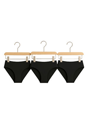 Kadın Bikini Külot 3'lü Set Siyah Renk Dikişsiz Lazer Kesim Bel Lastikli