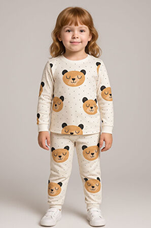 Kız Çocuk Ayıcık Desenli Pamuklu Pijama Takımı