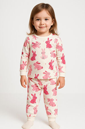 Kız Çocuk Tavşan Desenli Pamuklu Pijama Takımı