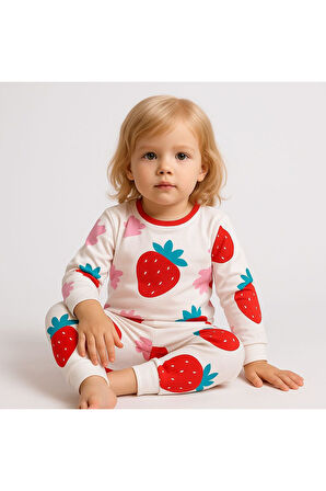 Kız Çocuk Çilek Desenli Pamuklu Pijama Takımı
