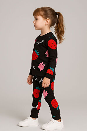 Kız Çocuk Siyah Çilek Desenli Pamuklu Pijama Takımı