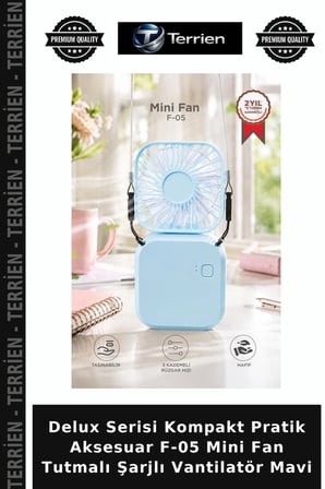 Delux Serisi Kompakt Pratik Aksesuar F-05 Mini Fan Tutmalı Şarjlı Vantilatör Mavi