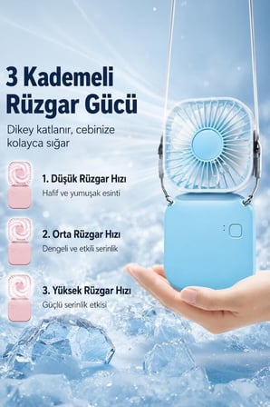 Delux Serisi Kompakt Pratik Aksesuar F-05 Mini Fan Tutmalı Şarjlı Vantilatör Mavi