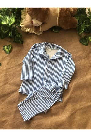 BEKA Erkek Çocuk Mavi Önden Düğmeli Çizgili Pijama Takımı