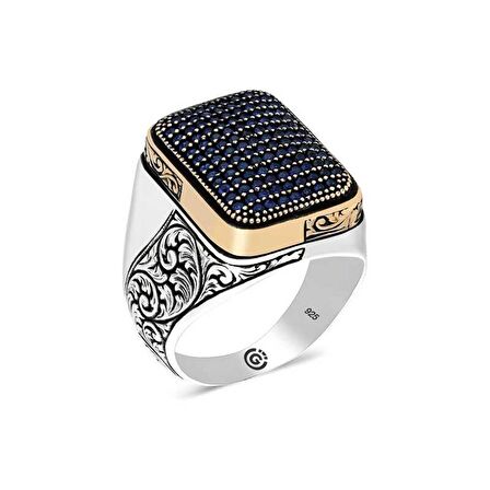 Gümüş Lacivert Zirkon Taşlı Kare Erkek Yüzük